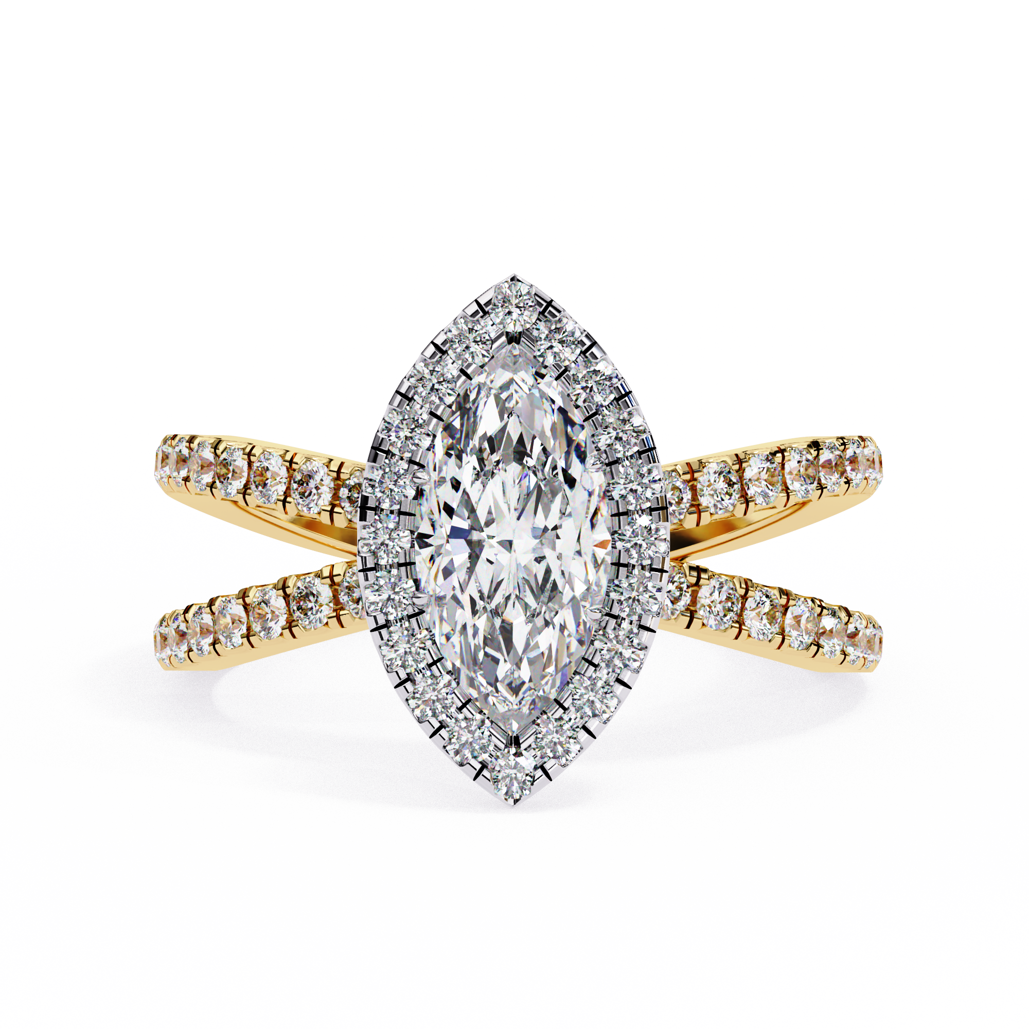 Gold and diamond ring on a white background