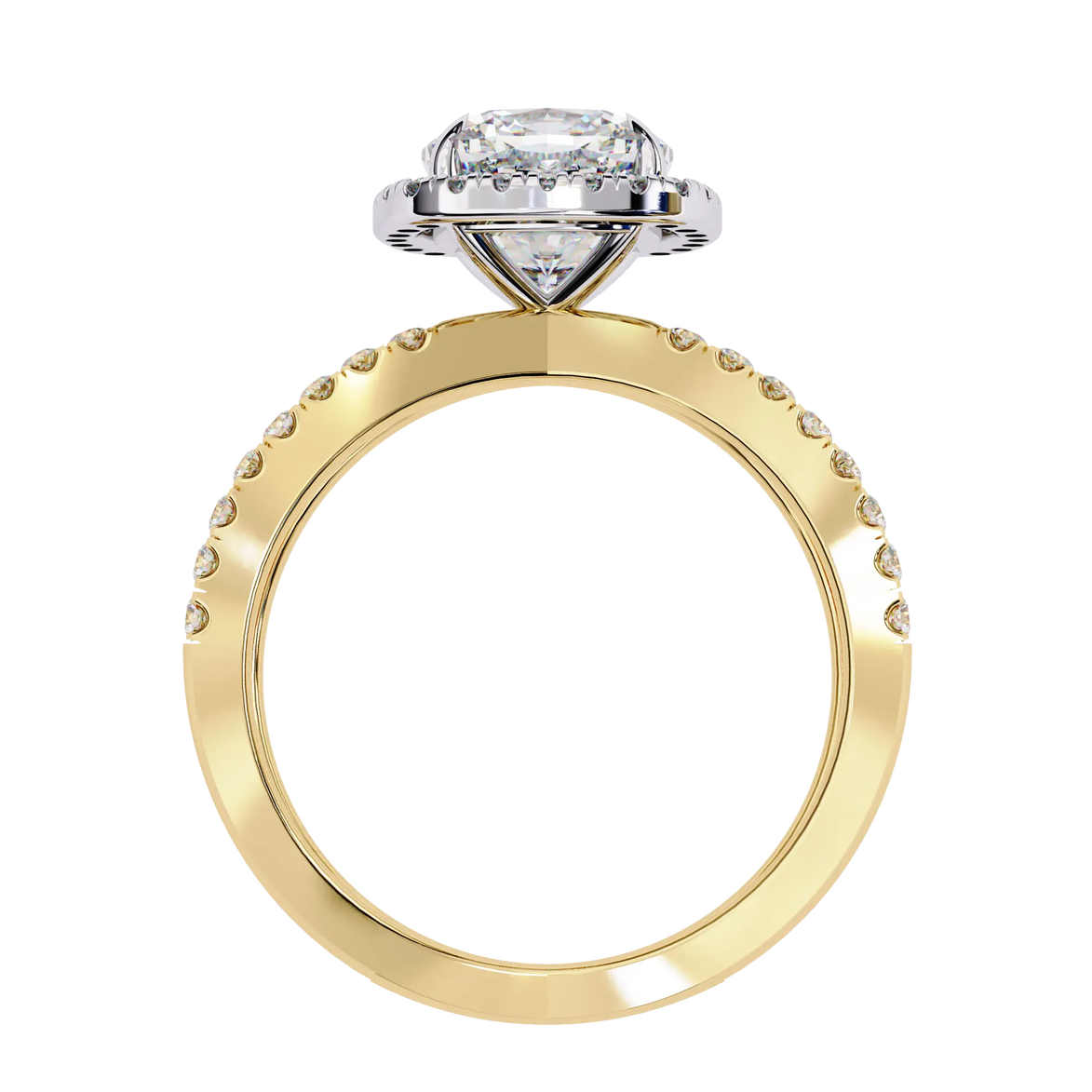 Gold ring with diamond accents on a white background