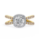 Gold ring with a large diamond and smaller diamonds on the band against a white background