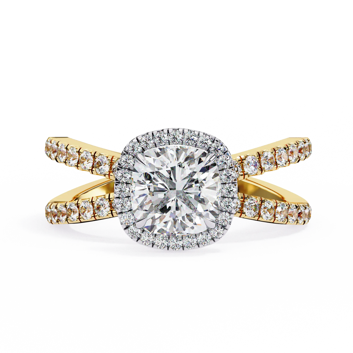 Gold ring with a large diamond and smaller diamonds on the band against a white background