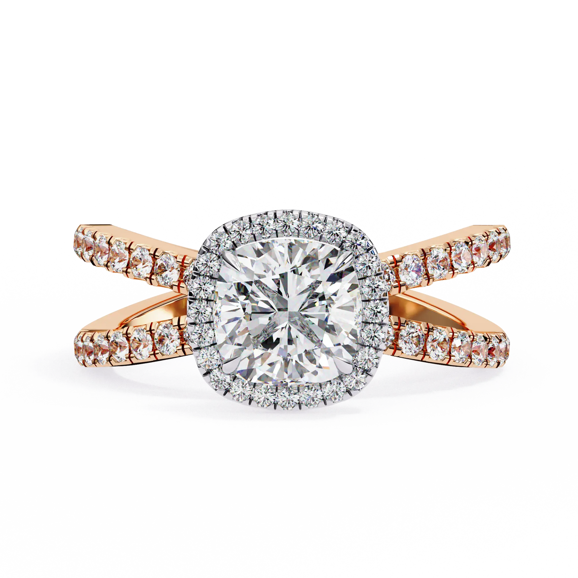 Gold ring with a large diamond and smaller diamonds on the band against a white background