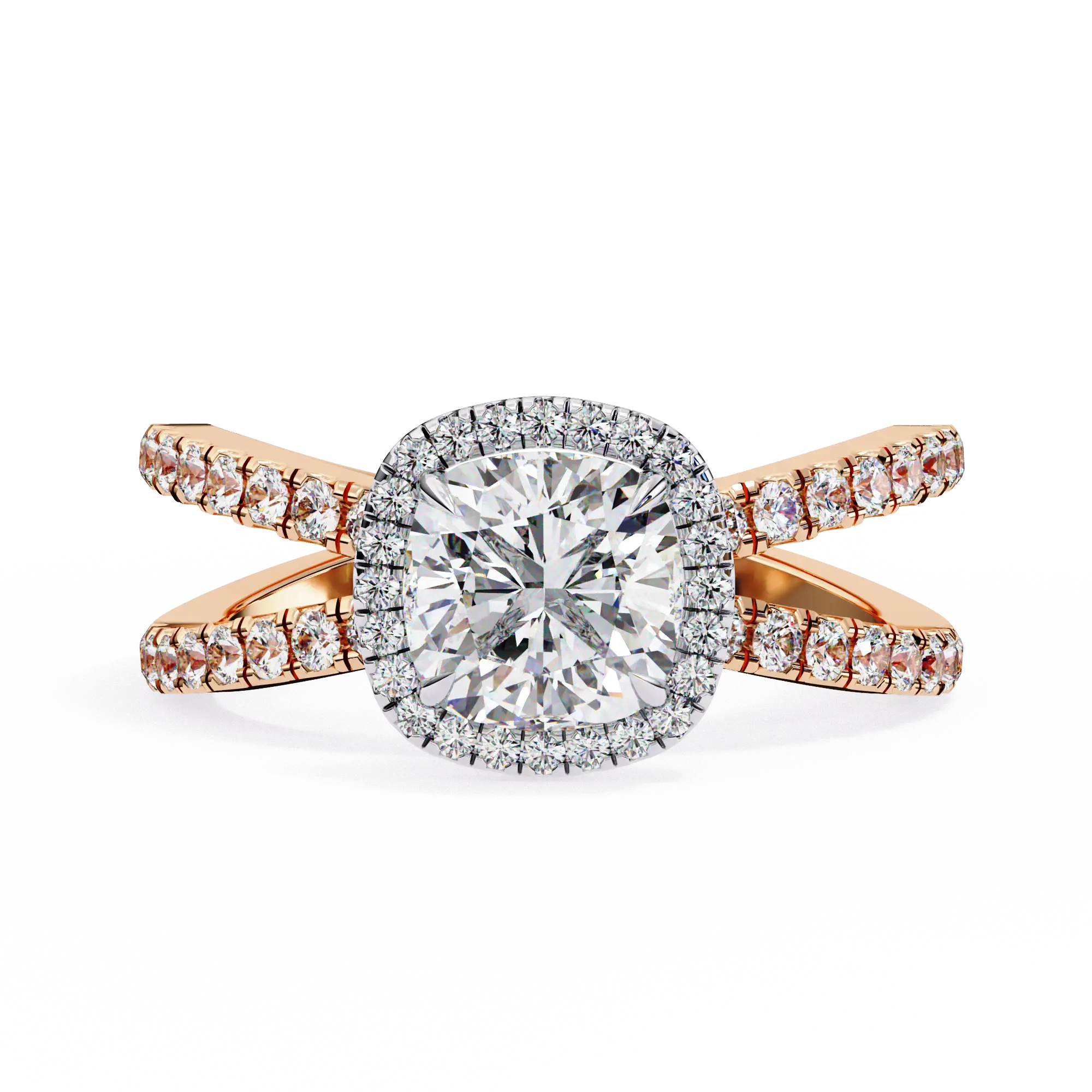 Gold ring with a large diamond and smaller diamonds on the band against a white background