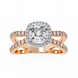 Rose gold ring with a large diamond and smaller diamonds on a white background