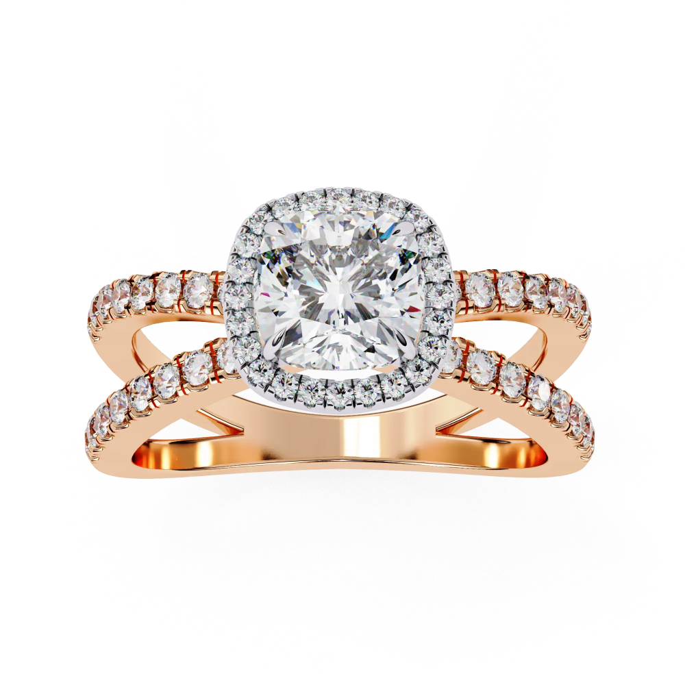 Rose gold ring with a large diamond and smaller diamonds on a white background