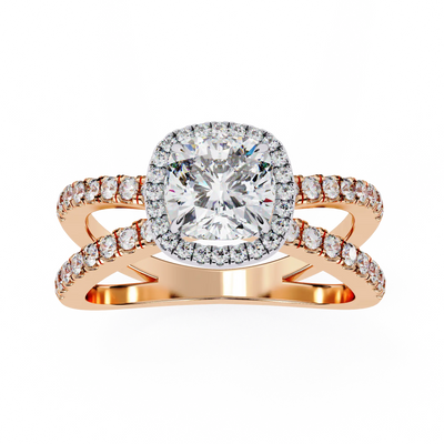 Rose gold ring with a large diamond and smaller diamonds on a white background