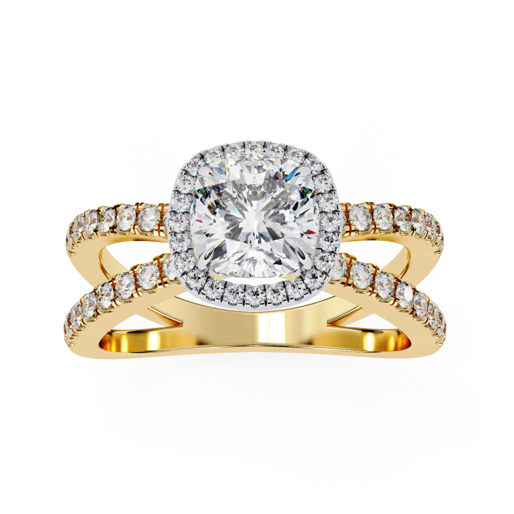Gold ring with a large diamond and smaller diamonds on a white background