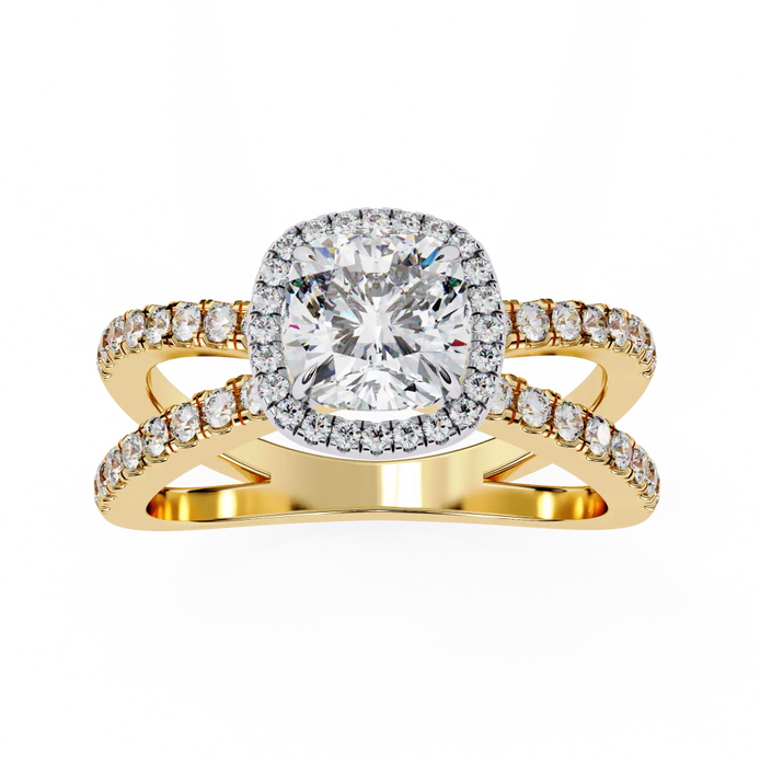 Gold ring with a large diamond and smaller diamonds on a white background