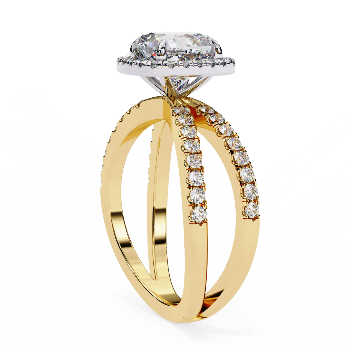 Gold ring with diamond accents on a white background