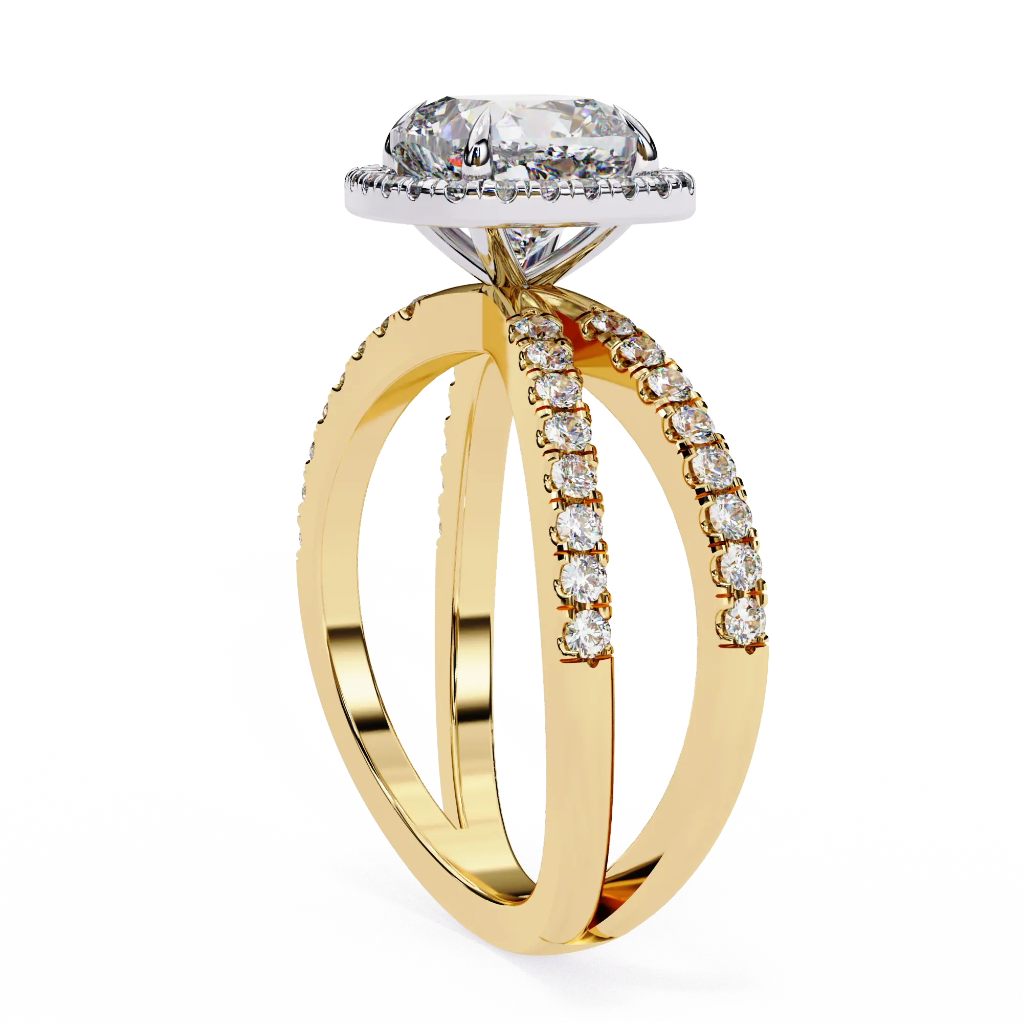 Gold ring with diamond accents on a white background