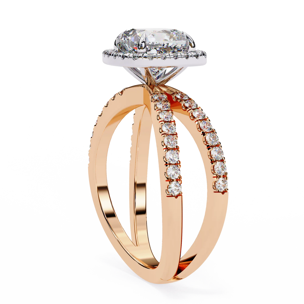 Rose gold ring with diamond accents on a white background