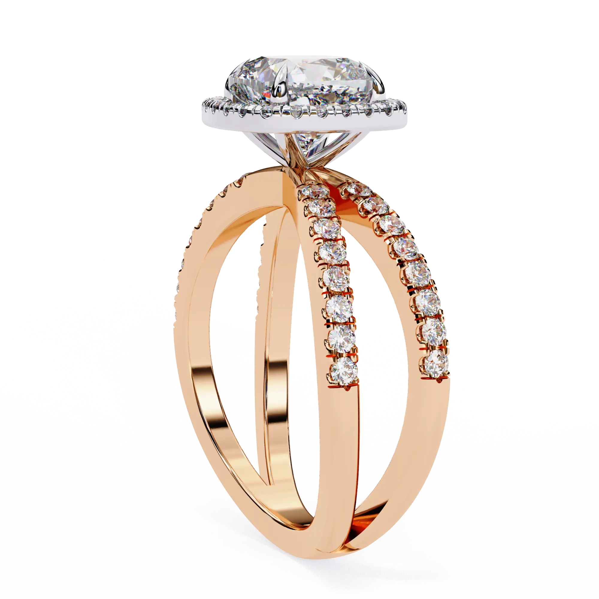 Rose gold ring with diamond accents on a white background