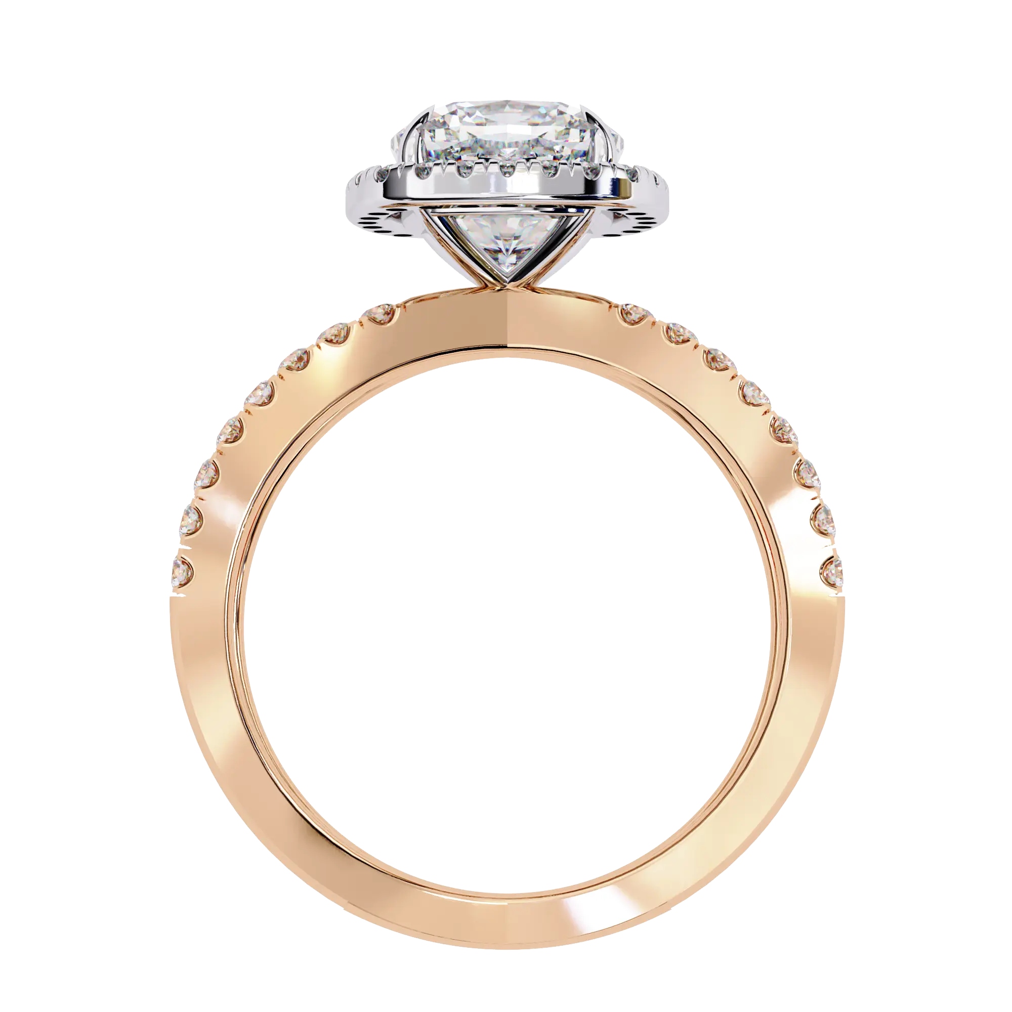 Rose gold ring with diamond accents on a white background
