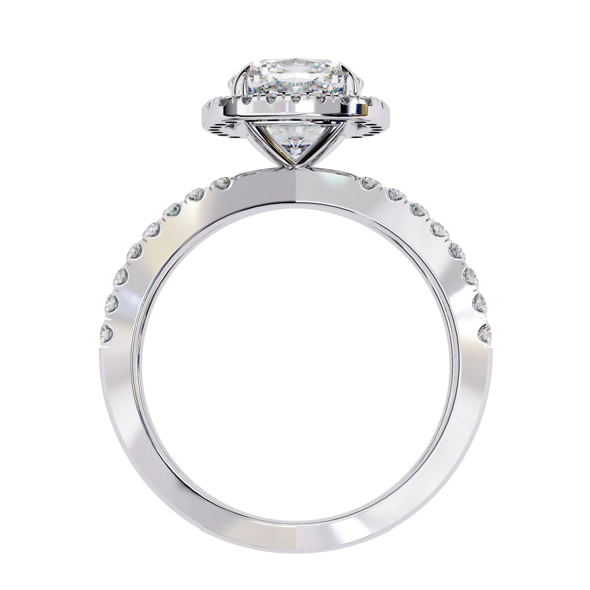 Diamond ring with a white gold band on a white background