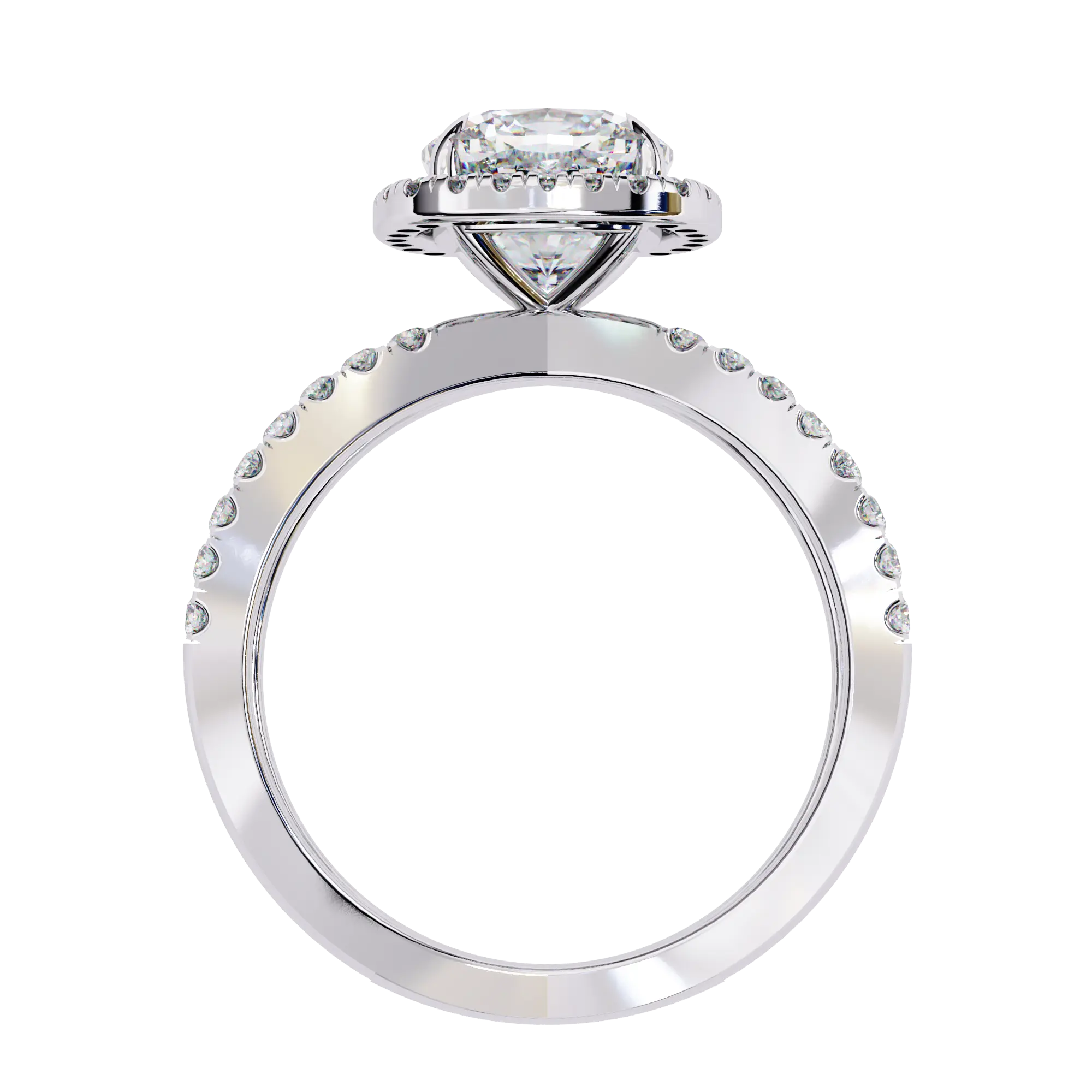 Diamond ring with a white gold band on a white background