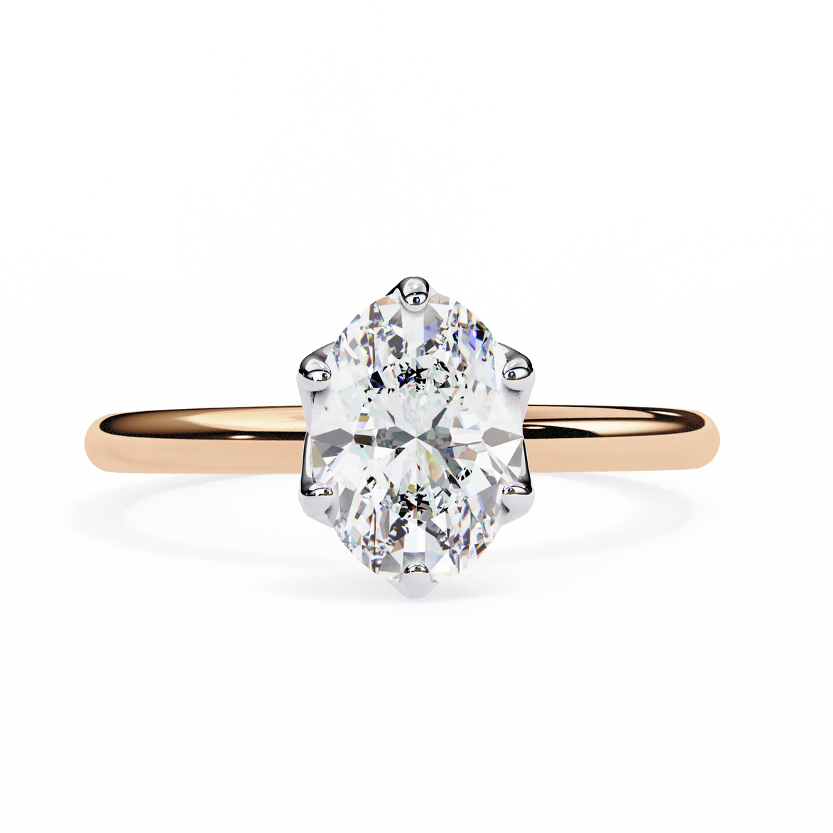 Rose gold ring with a large diamond on a white background