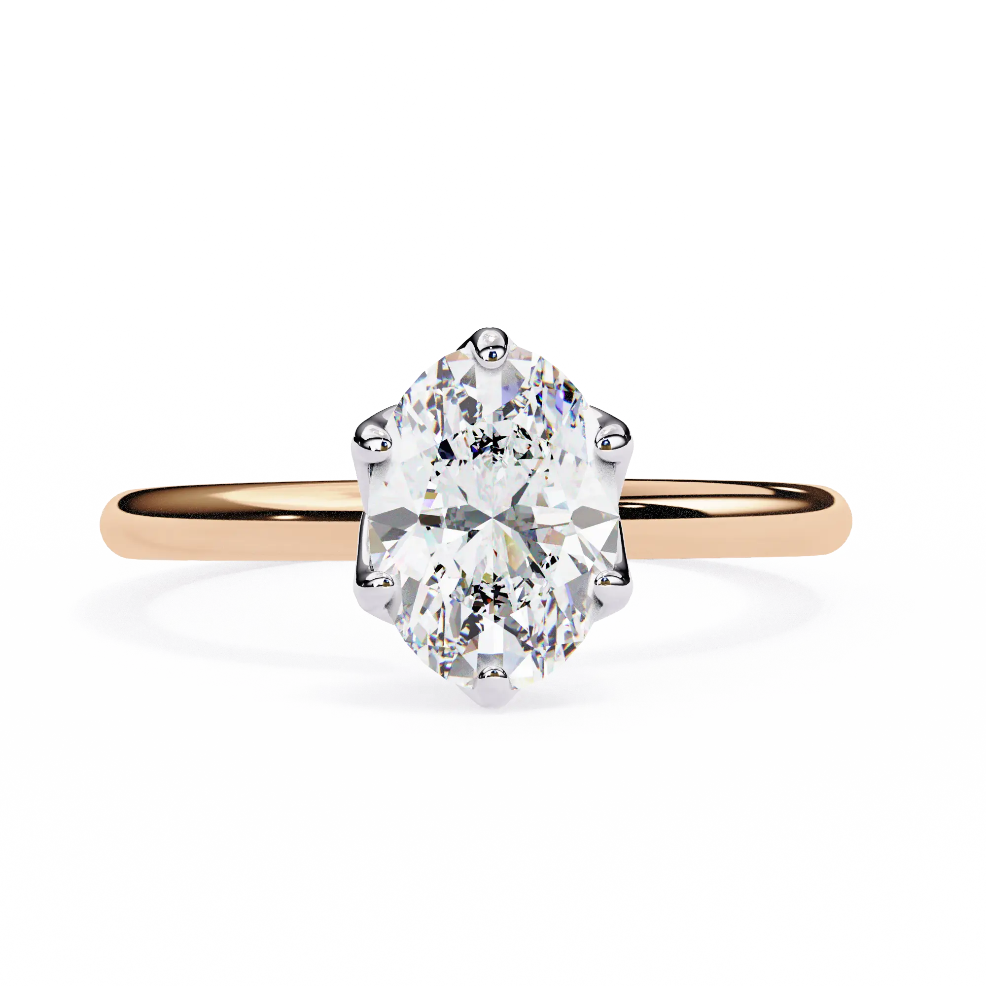 Rose gold ring with a large diamond on a white background