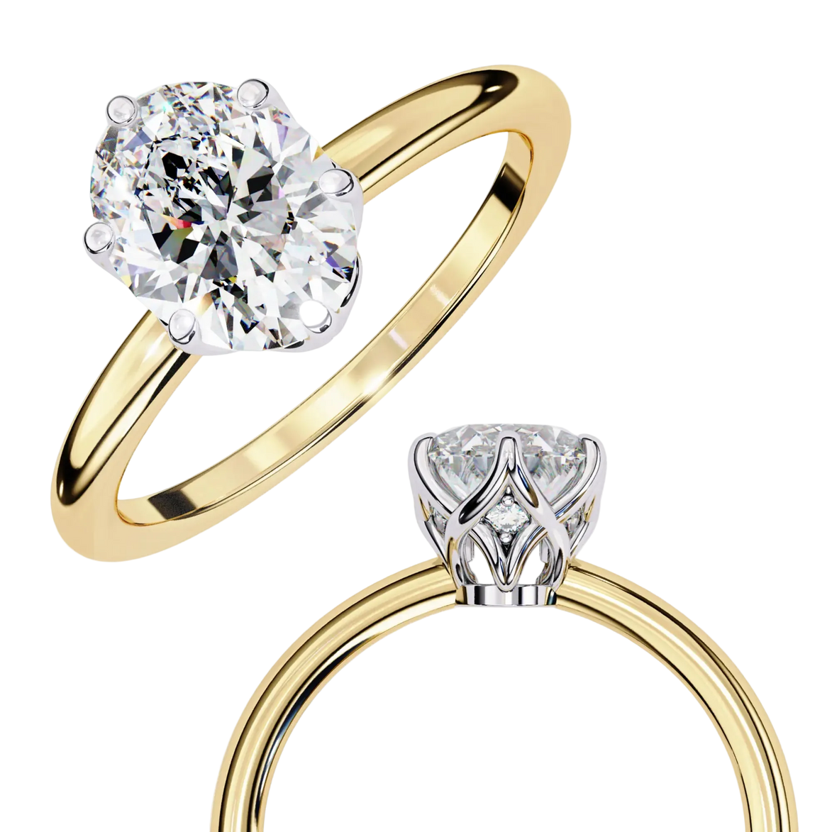 Two gold rings with diamond stones on a white background
