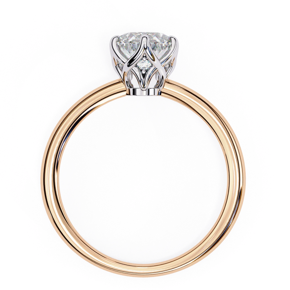 Rose gold ring with a diamond on a white background