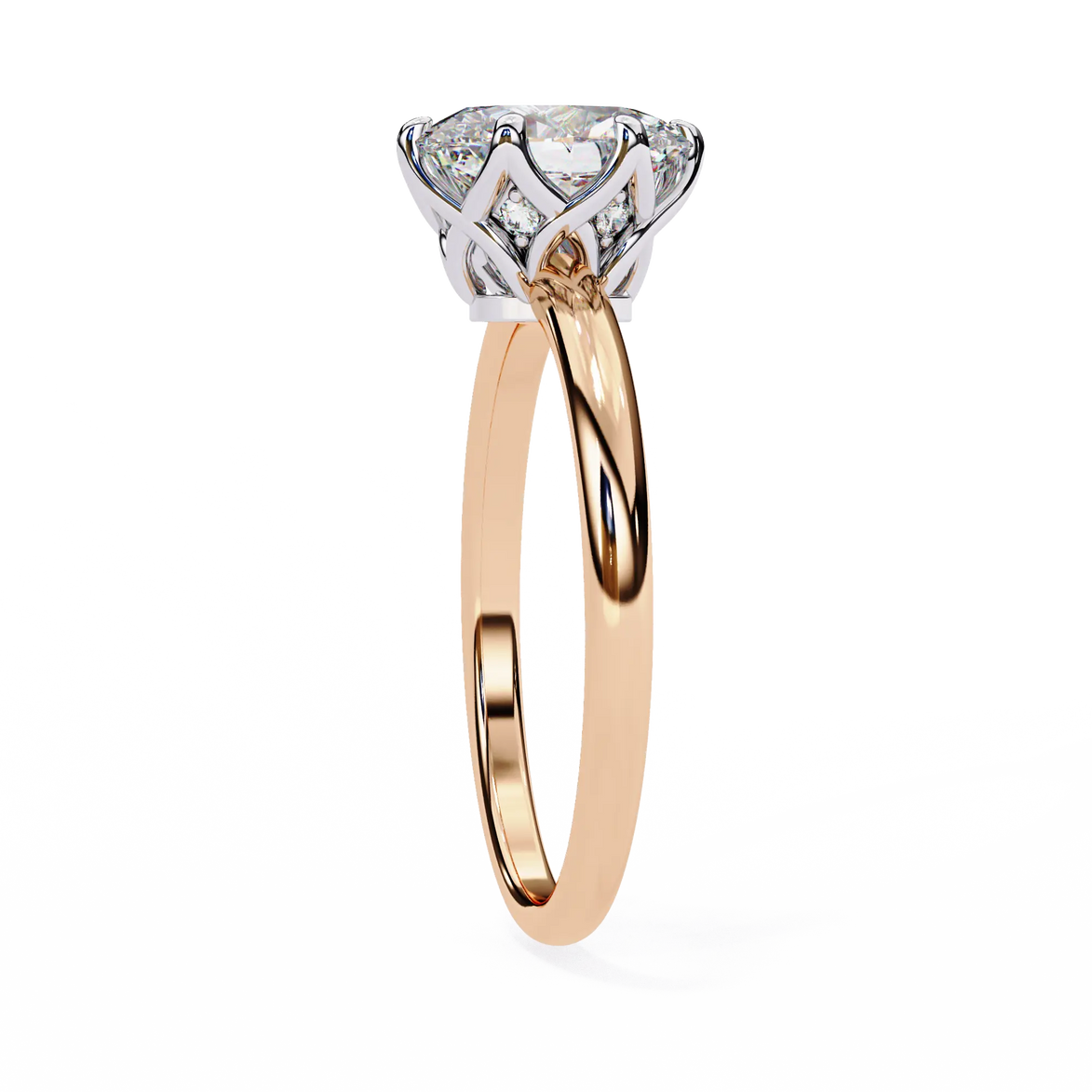 Rose gold ring with a diamond on a white background