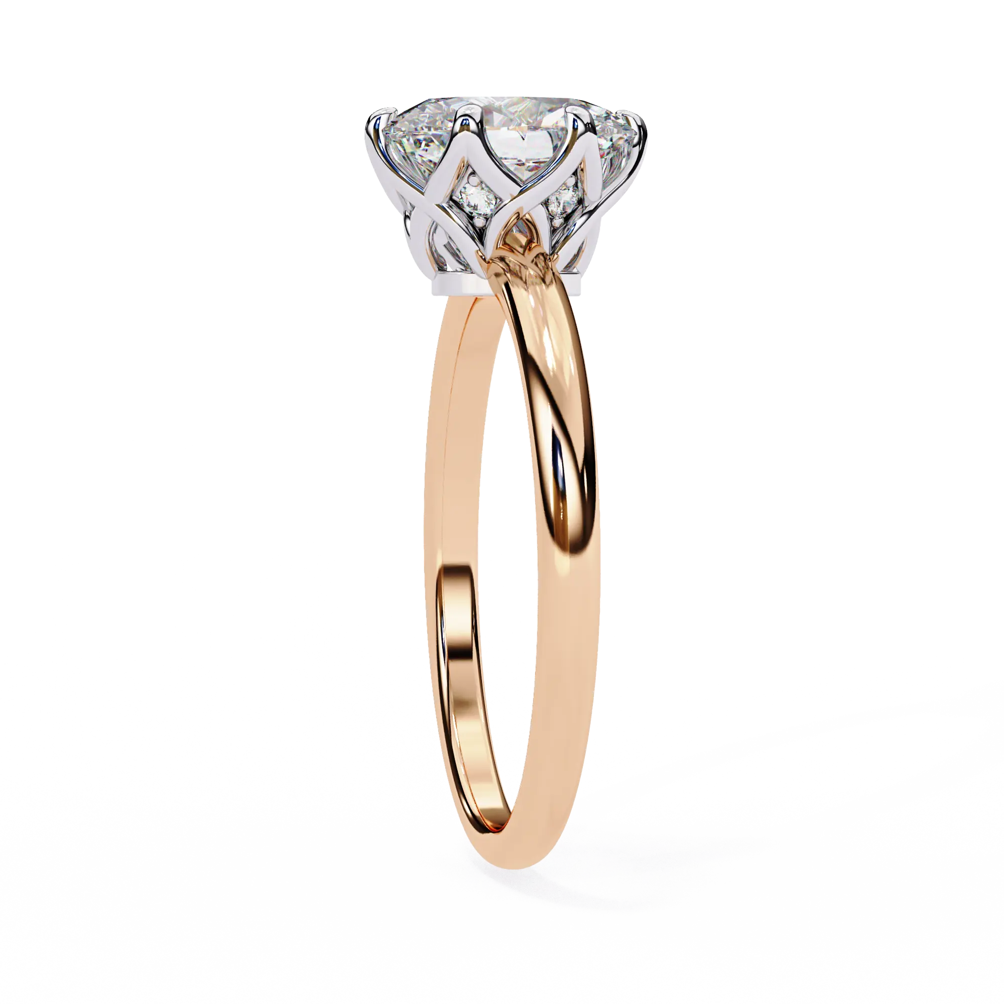 Rose gold ring with a diamond on a white background