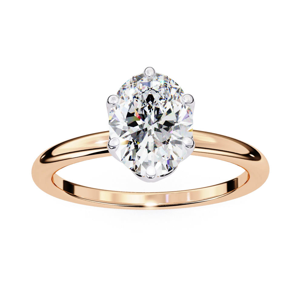 Rose gold ring with a large diamond on a white background