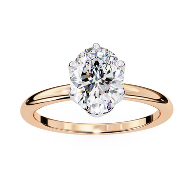 Rose gold ring with a large diamond on a white background