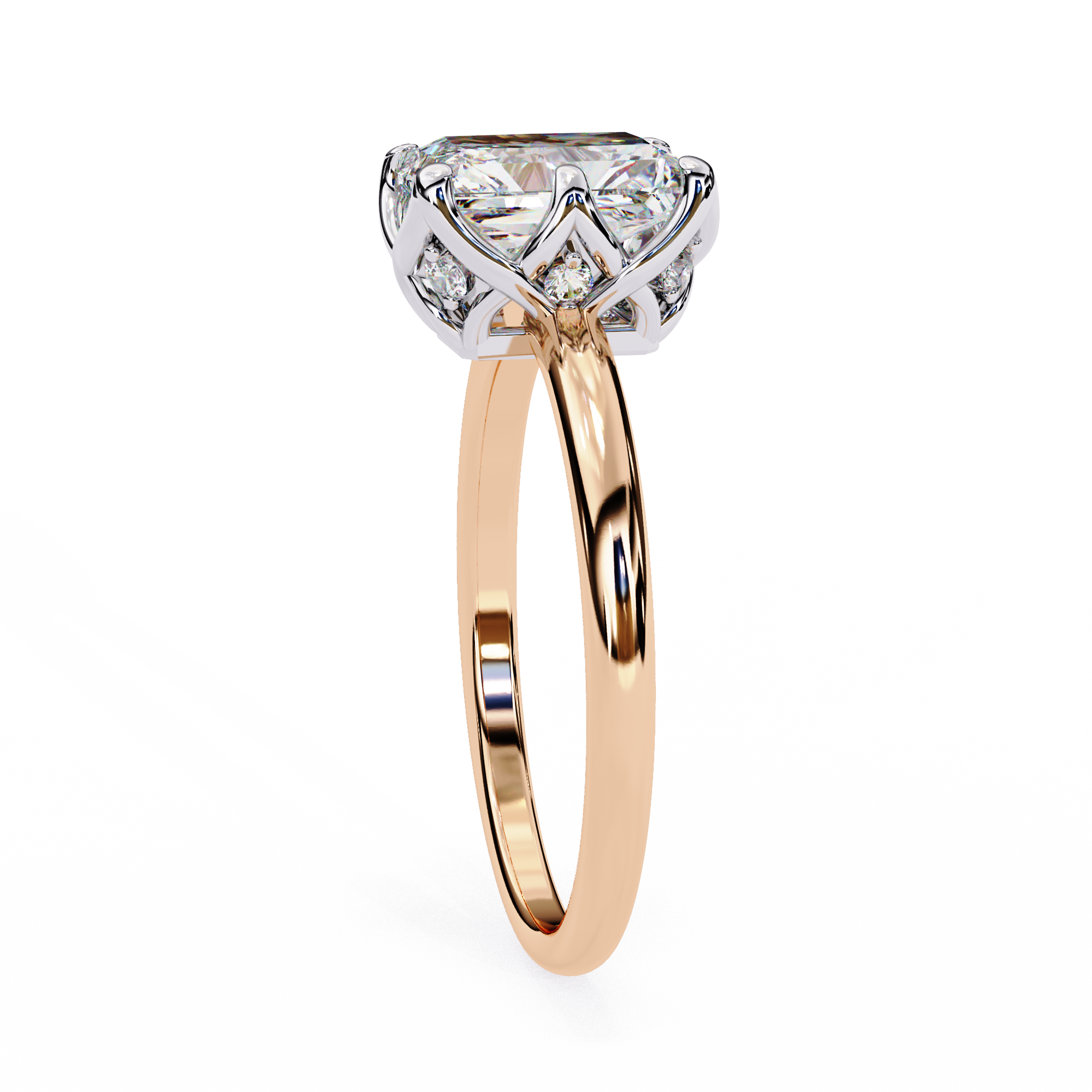 Rose gold ring with a diamond on a white background