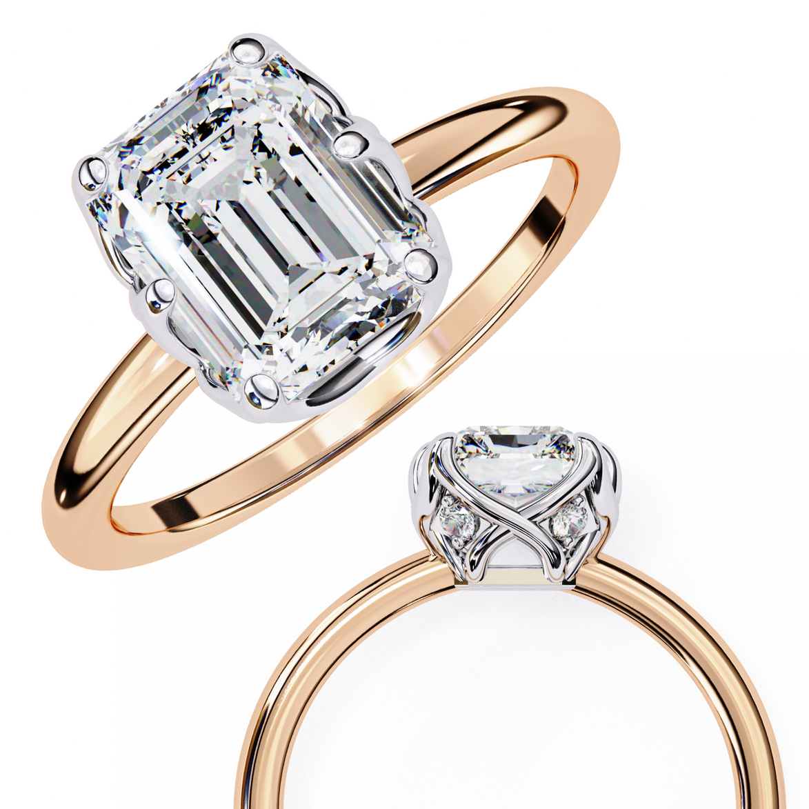Two diamond rings with rose gold bands on a white background