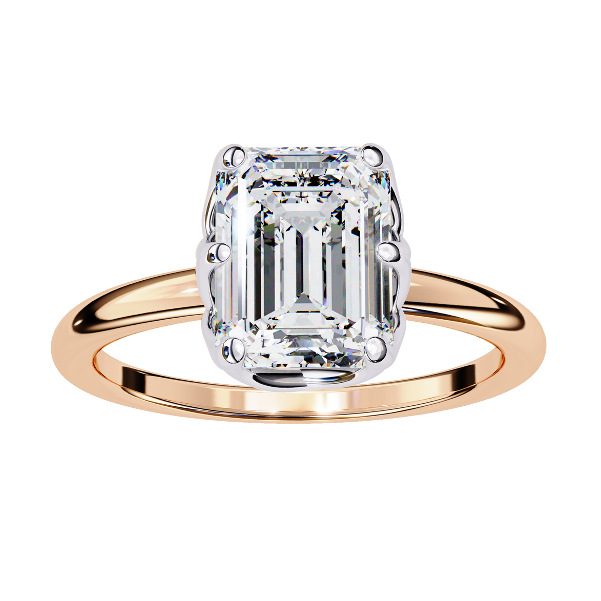 Rose gold ring with a large diamond on a white background