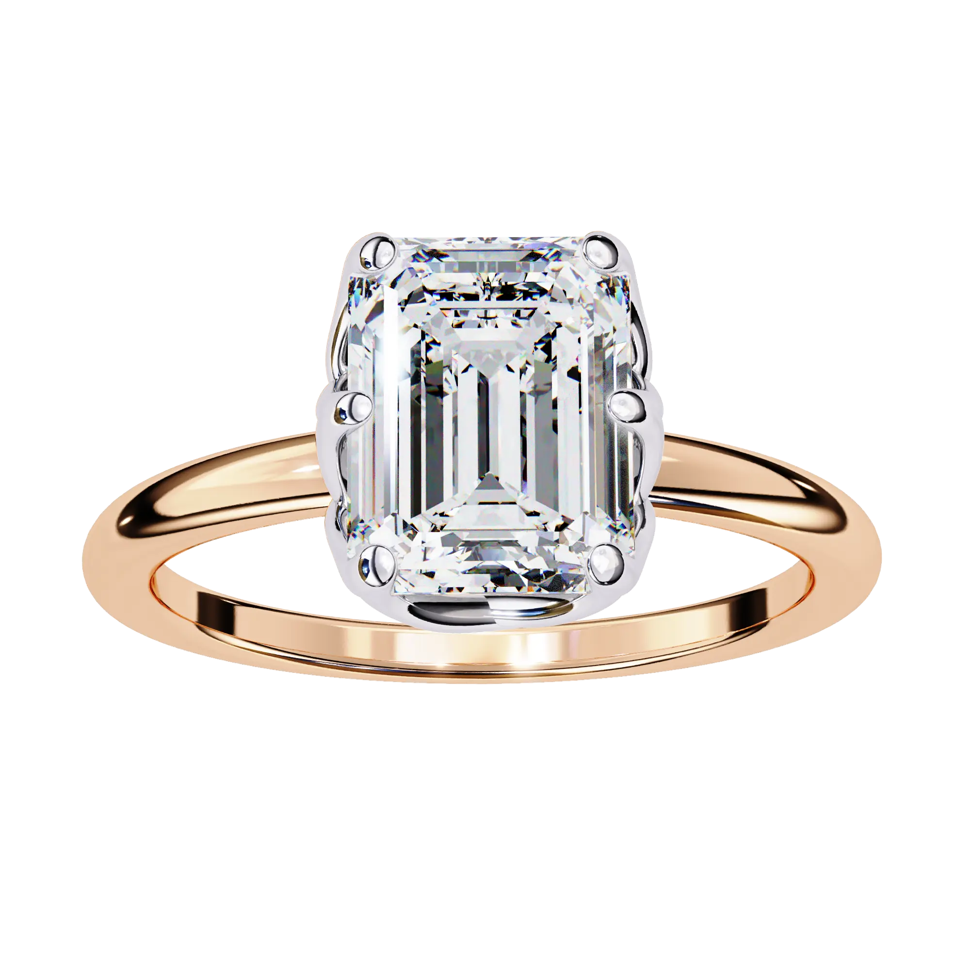 Rose gold ring with a large diamond on a white background
