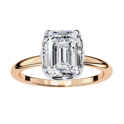 Rose gold ring with a large diamond on a white background