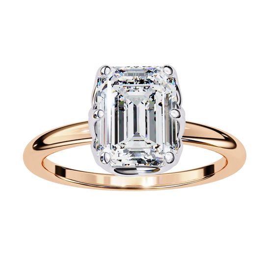 Rose gold ring with a large diamond on a white background