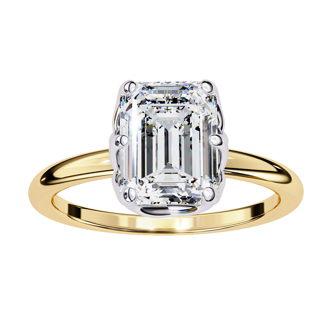 Gold ring with a large diamond on a white background