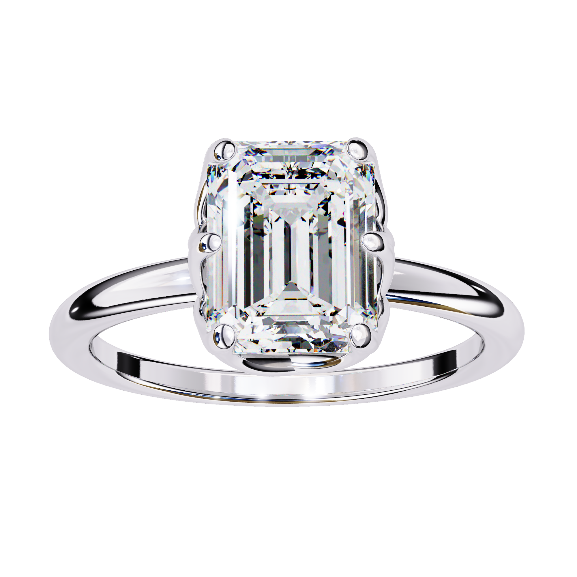 Diamond ring with a emerald-cut diamond on a white background