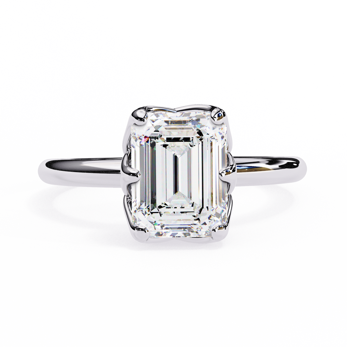 Diamond ring with emerald-cut diamond on a white background