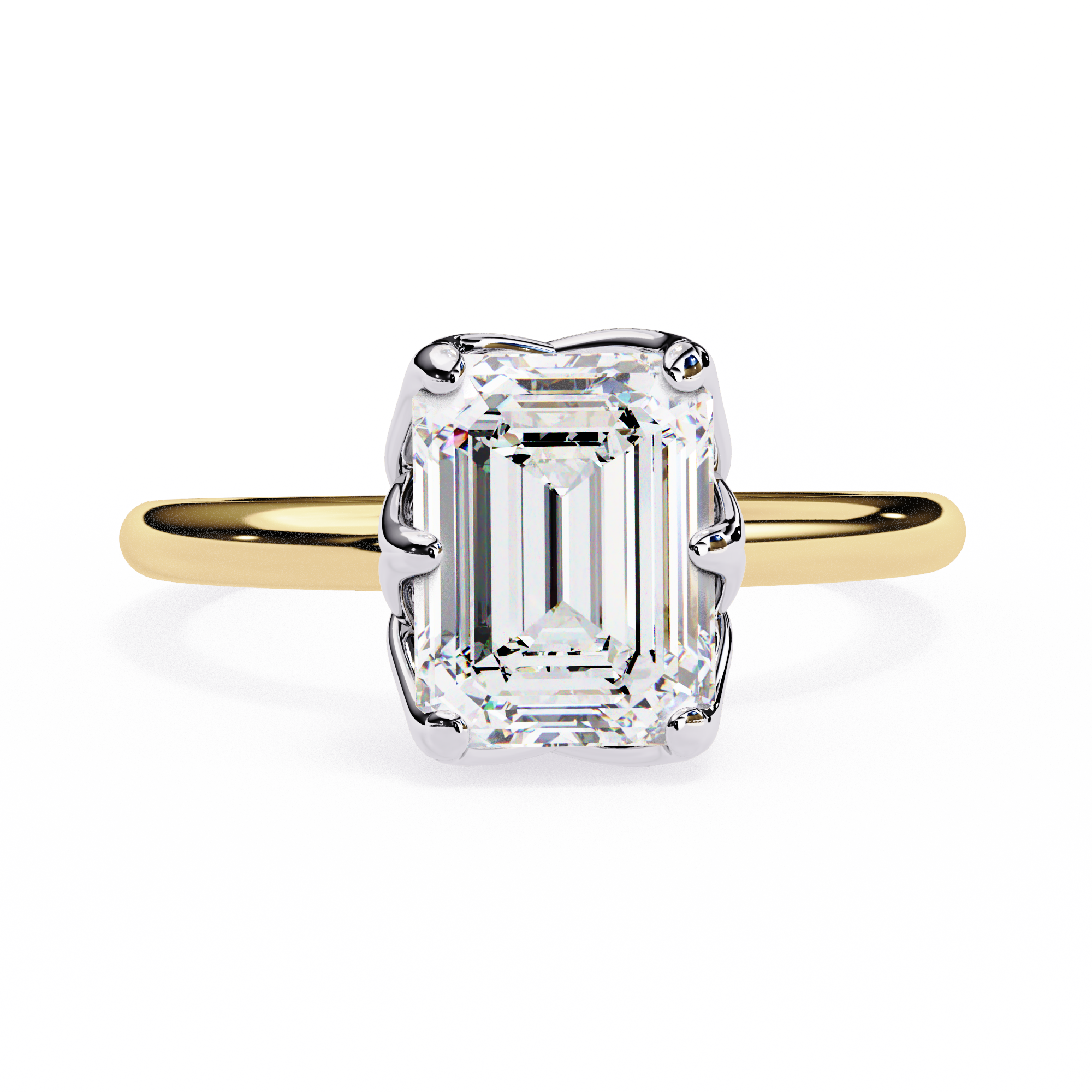 Gold ring with a large emerald-cut diamond on a white background