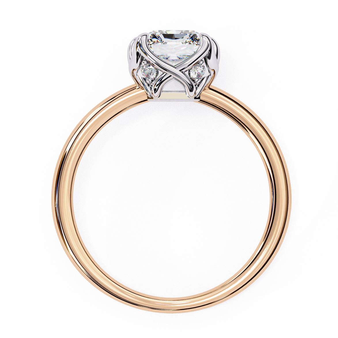 Rose gold ring with a heart-shaped diamond on a white background