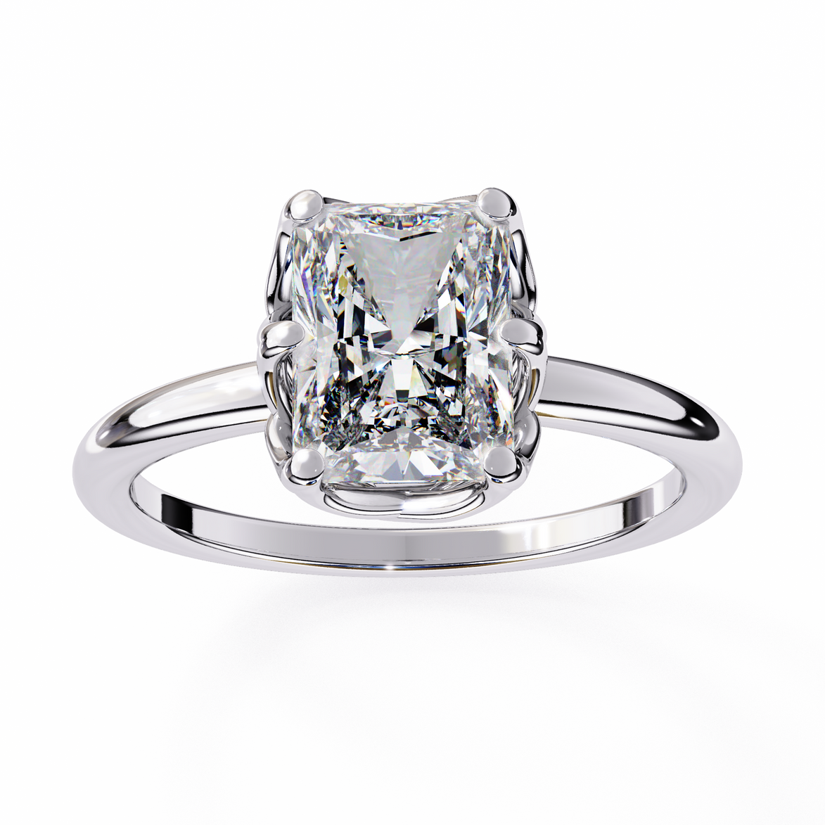 Diamond ring with a rectangular cut gemstone on a white background