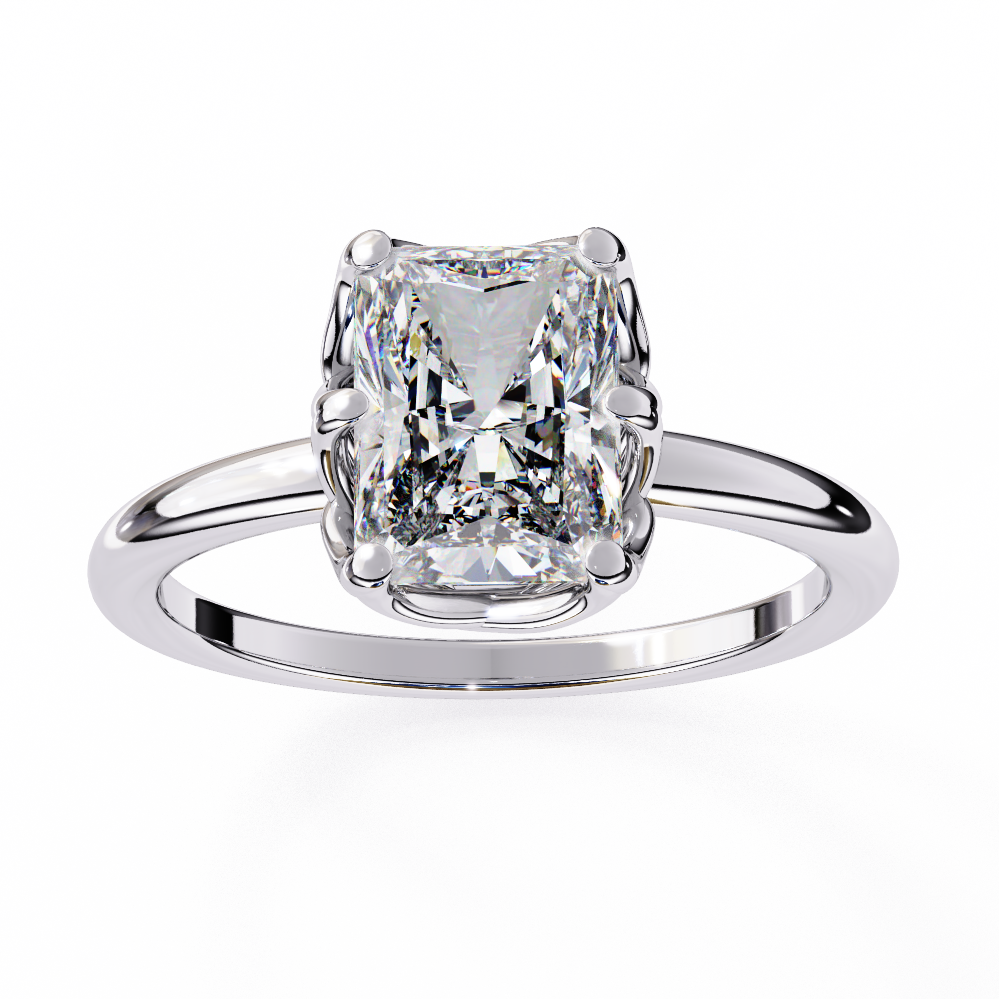 Diamond ring with a rectangular cut gemstone on a white background