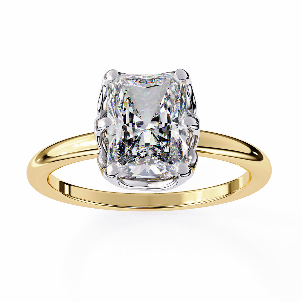 Gold ring with a large diamond on a white background