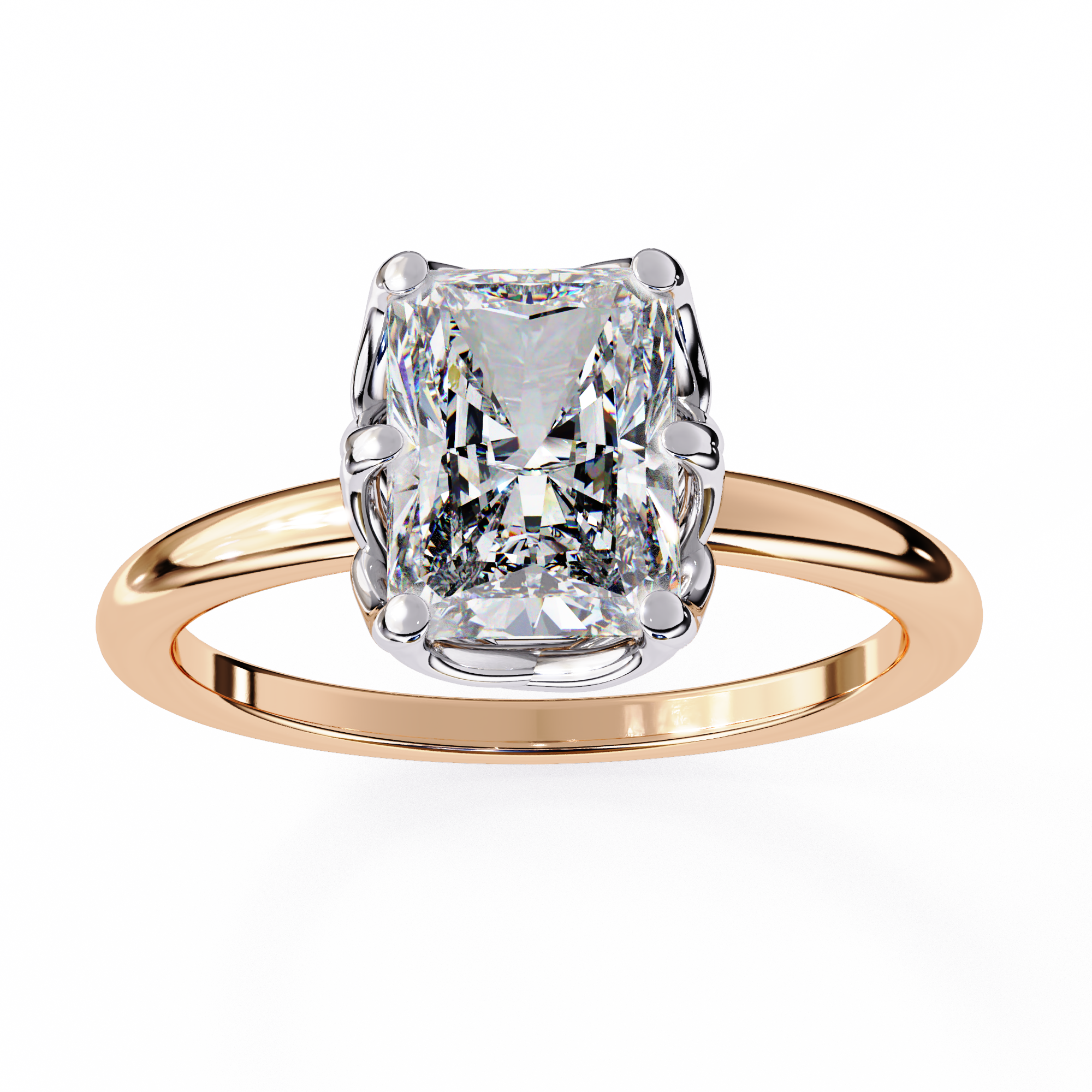 Rose gold ring with a large diamond on a white background