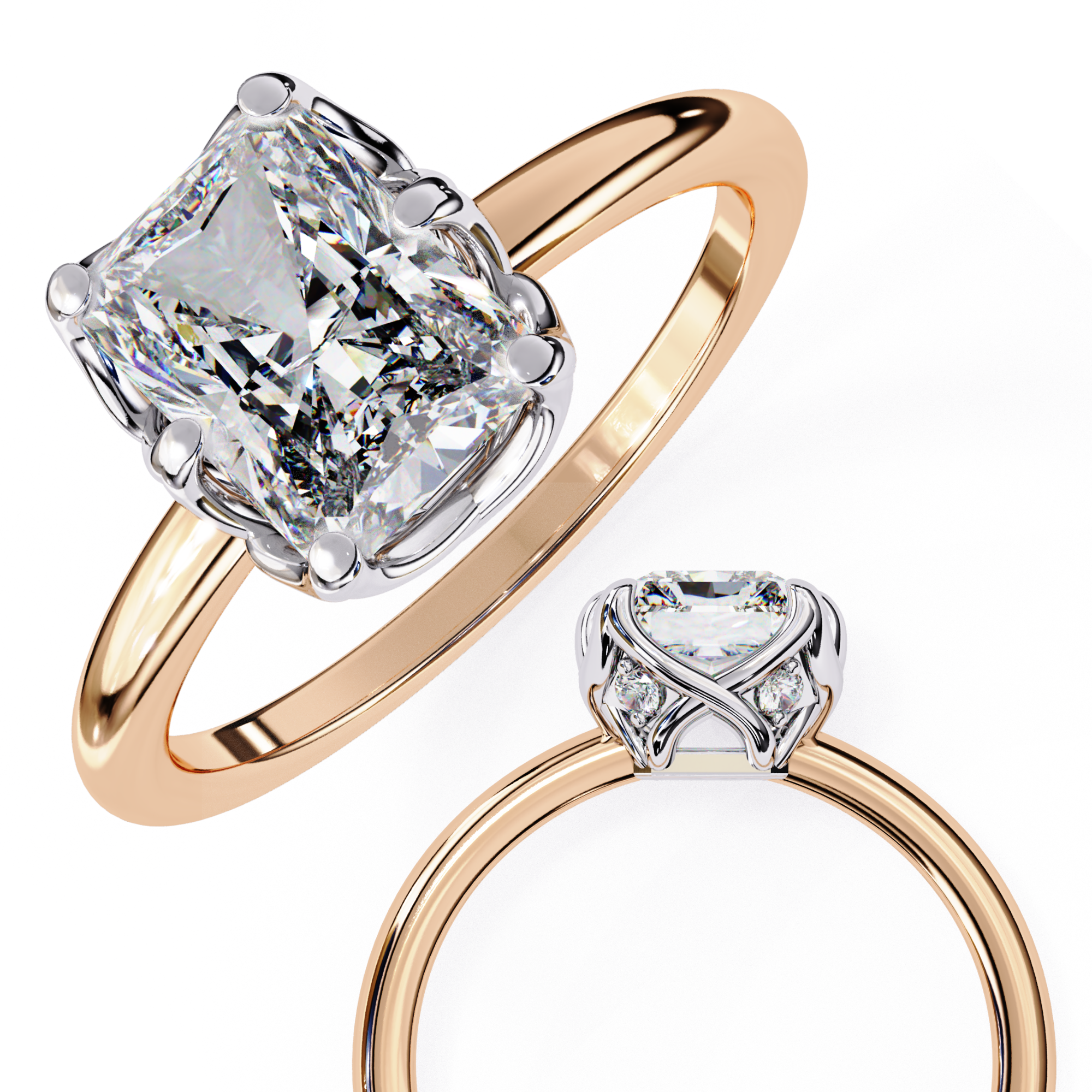 Two rose gold diamond rings on a white background