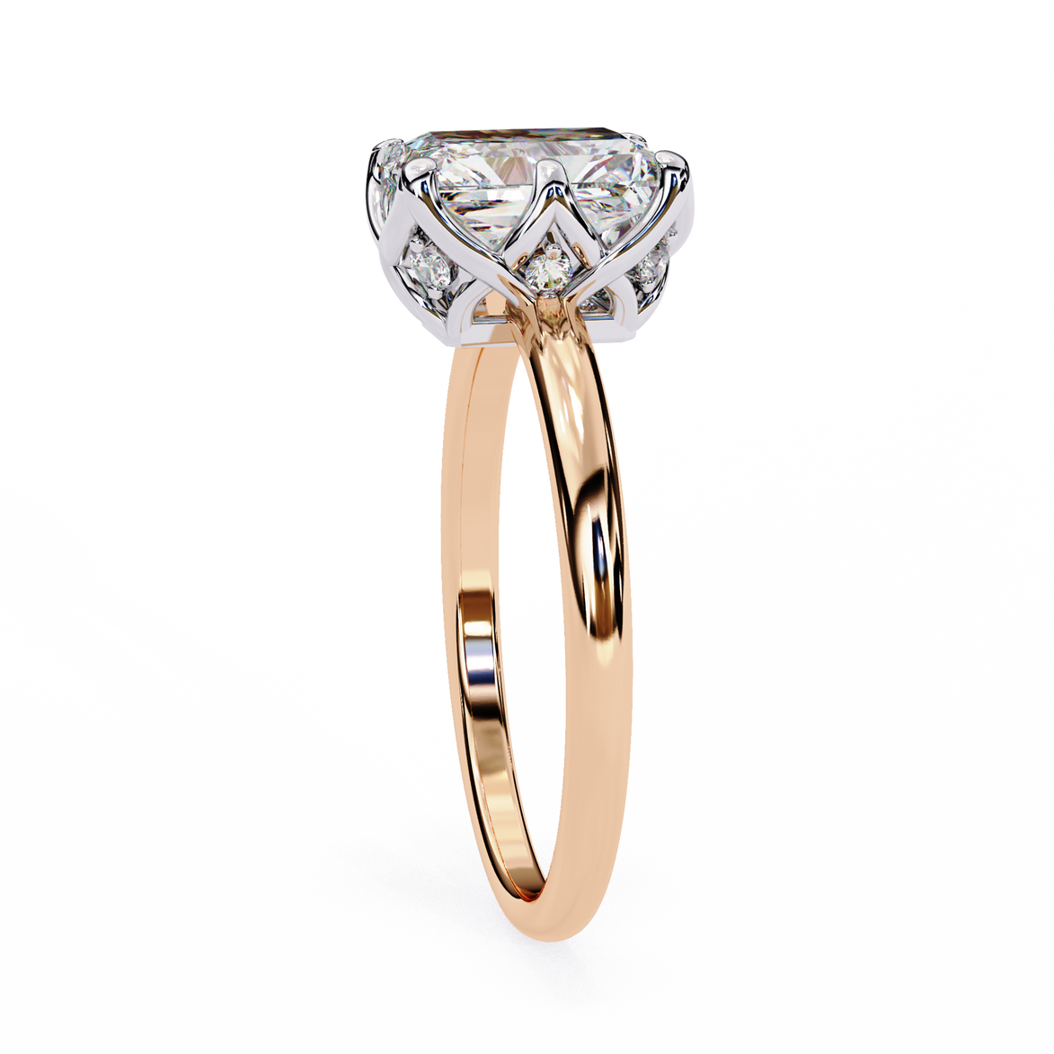 Rose gold ring with a diamond on a white background