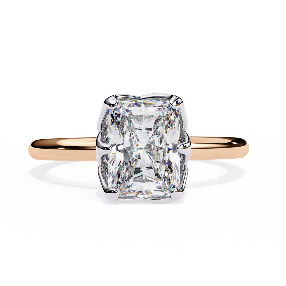 Rose gold ring with a large diamond on a white background