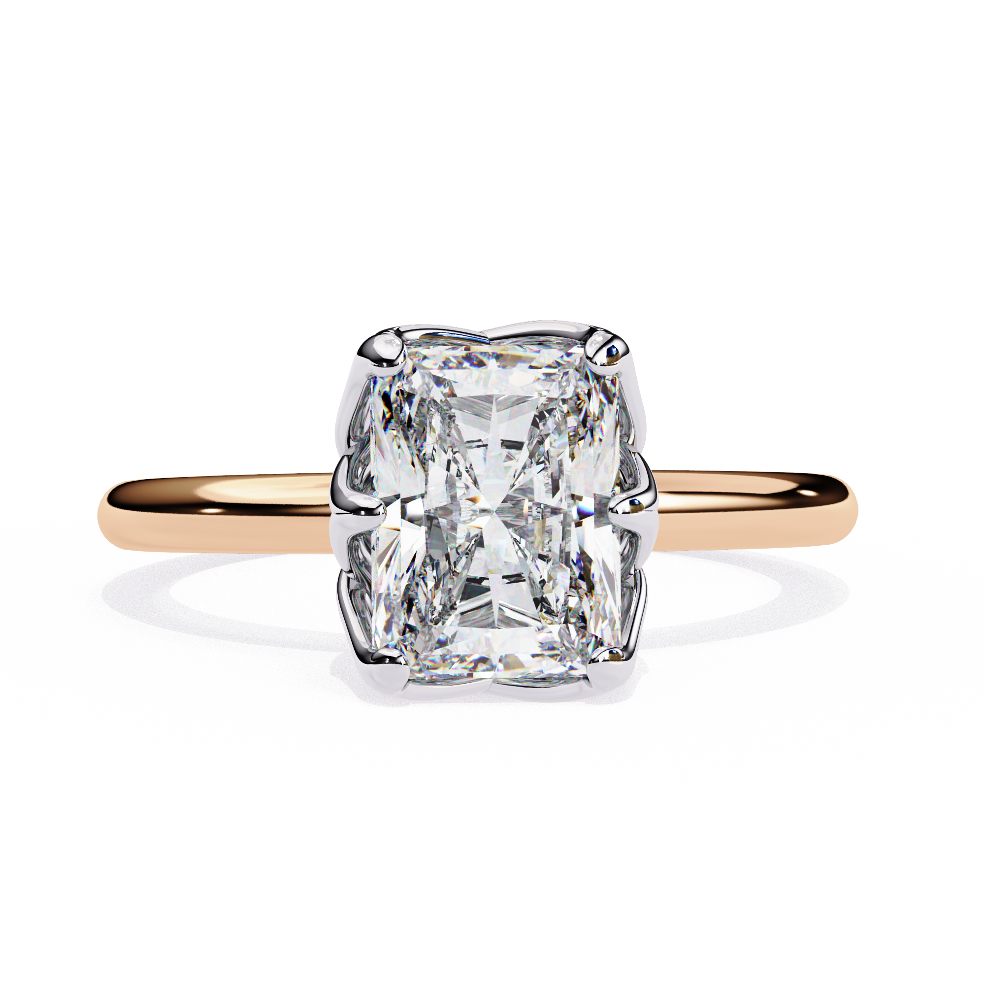 Rose gold ring with a large diamond on a white background