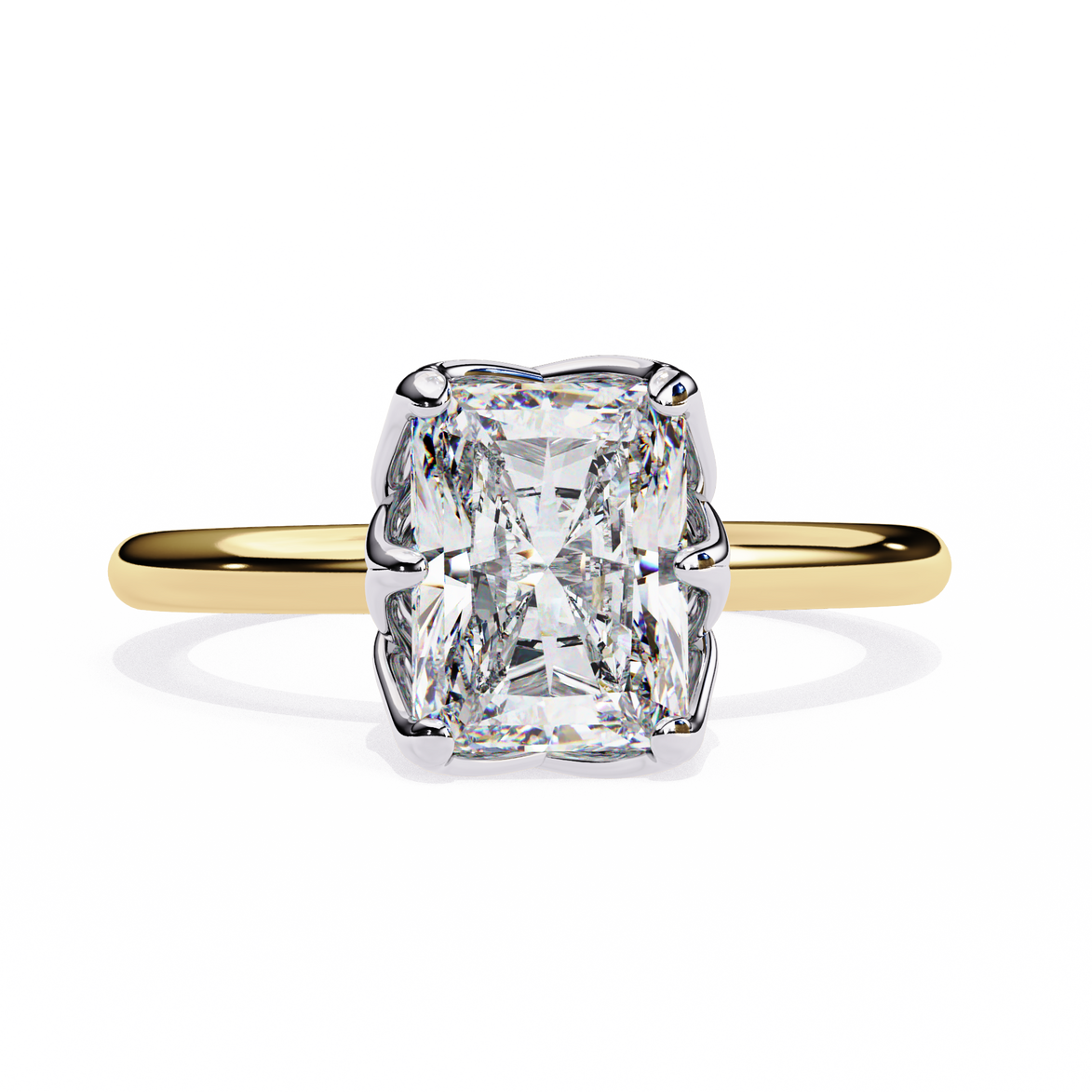 Gold ring with a large diamond on a white background