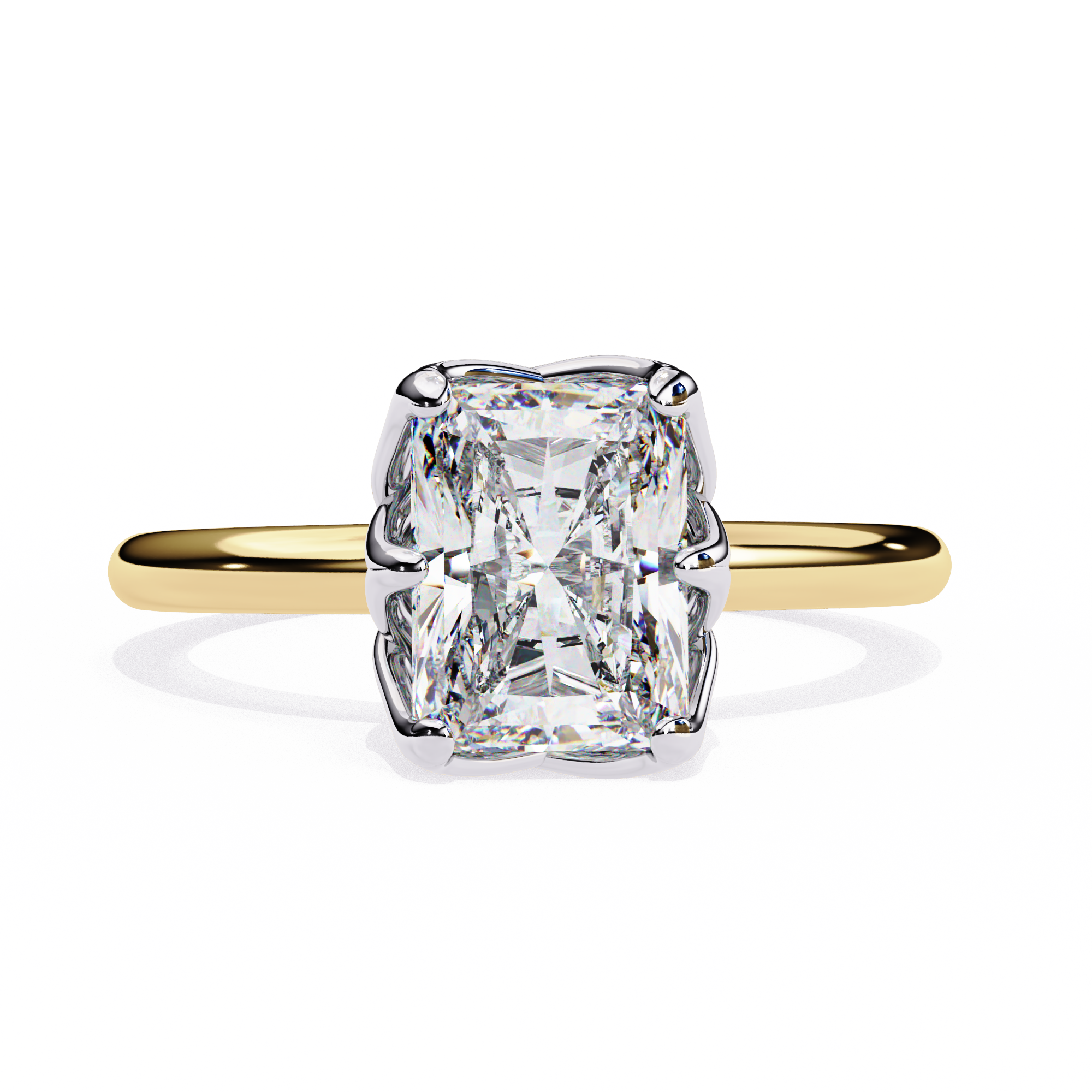 Gold ring with a large diamond on a white background
