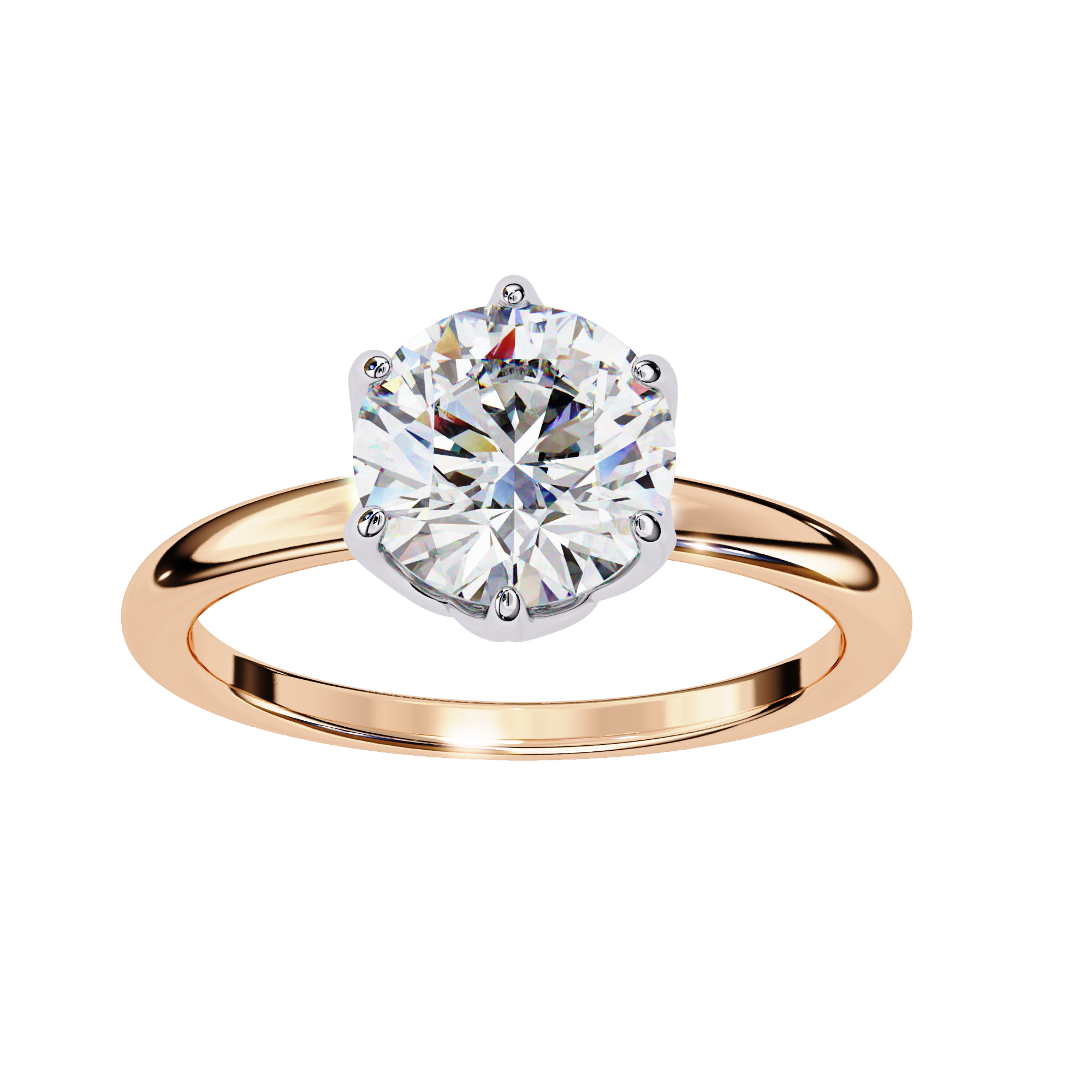 Rose gold ring with a large diamond on a white background