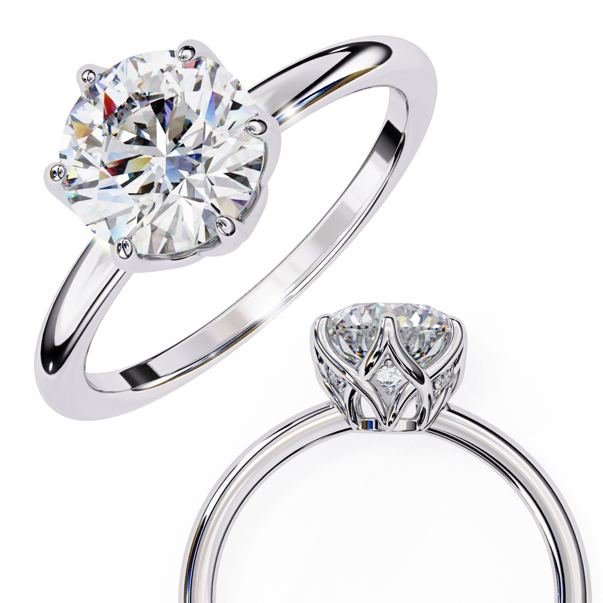 Classic round solitaire diamond engagement ring in white gold featuring a 1.56 CT round brilliant center stone with six-prong cathedral setting and hidden accent diamonds.