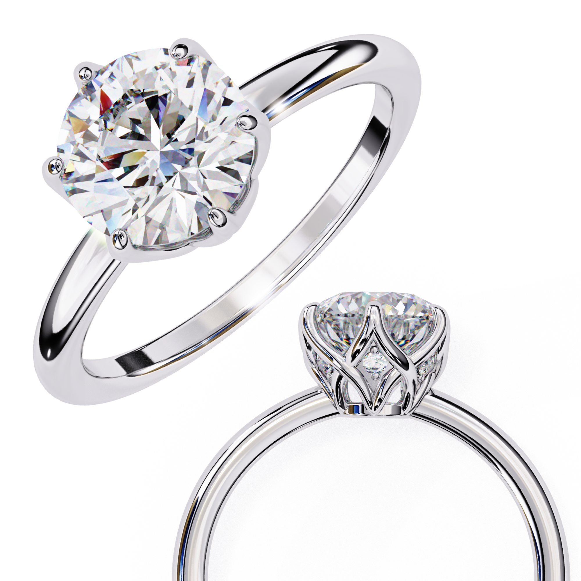 Classic round solitaire diamond engagement ring in white gold featuring a 1.56 CT round brilliant center stone with six-prong cathedral setting and hidden accent diamonds.